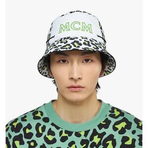 MCM Leopard Print Bucket Hat Multi Logo Embroidered Adjustable NWT $290